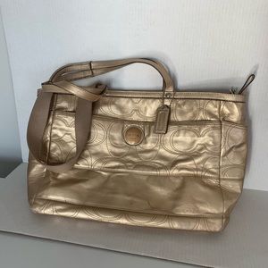 Coach metallic gold leather large tote purse with cross-body strap